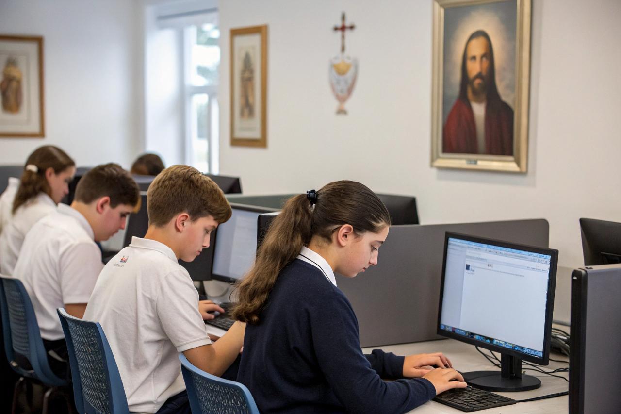 Alumnos de preparatoria estudiando en un centro de computo con una imagen de Cristo frente a ellos.
